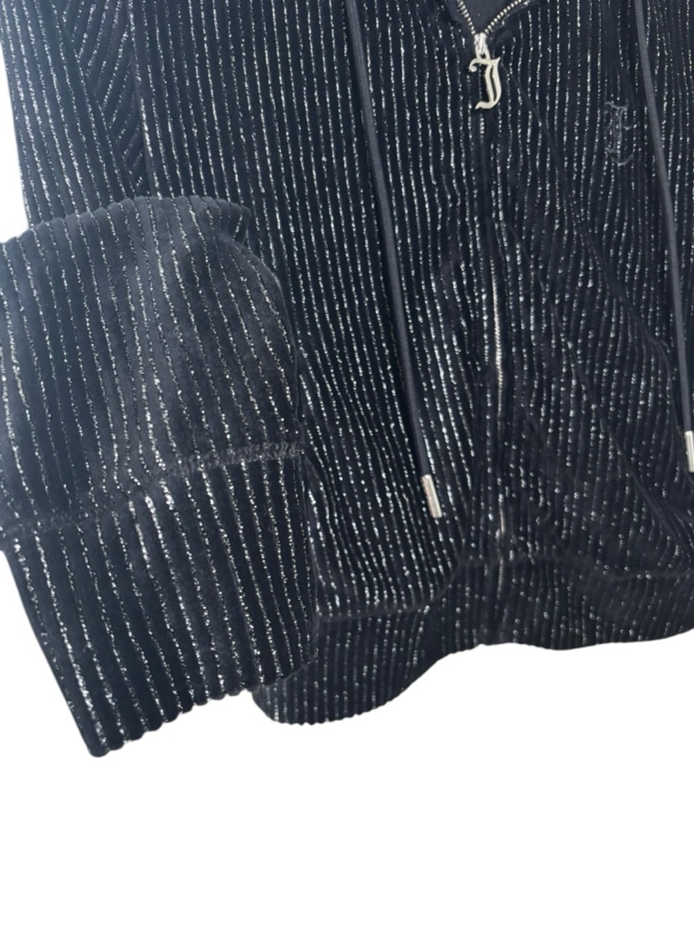 Juicy Couture Black Metallic Ribbed Velour Zip Hoodie Cropped Size S Y2K - Picture 10 of 10